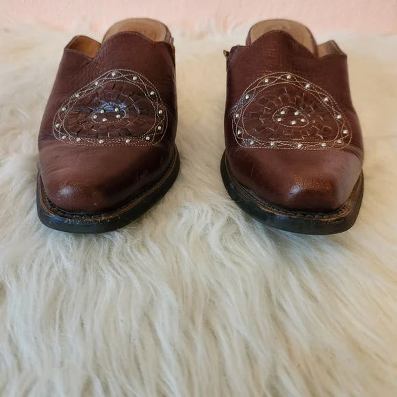 Ariat Brown Leather Block Heel Point Toe Wedge Slip On Mule Shoes - Picture 2 of 10